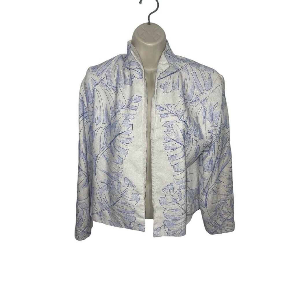 DRAPERS & DAMONS PETITE Vintage Women's 12P Linen Blend Blue Leaf Open Jacket